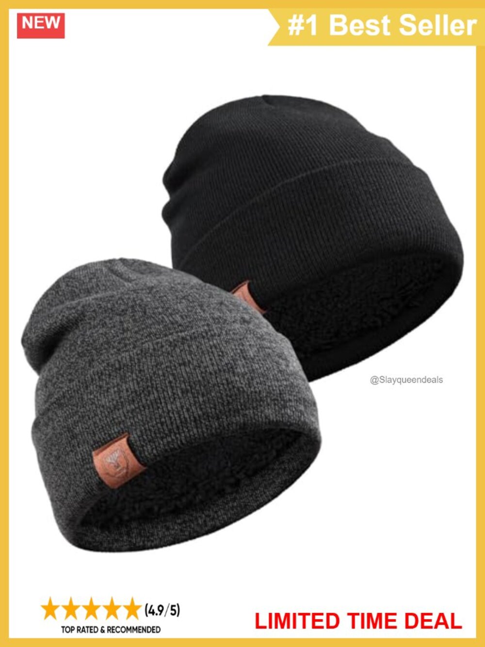 Fleece-Lined Cuffed Rib-Knit Beanie Winter Hat